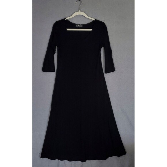 Sympli Women's symmetrical Black Scoop Neck 3/4 Sleeve Lagenlook Stretch Dress 4 - Picture 1 of 5